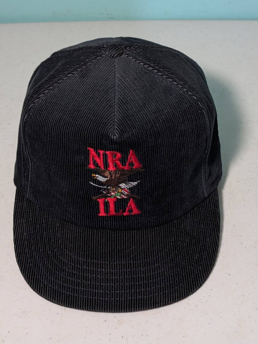 Vintage NRA ILA Black Corduroy Hat P American Made In USA Leather Strap Back Cap